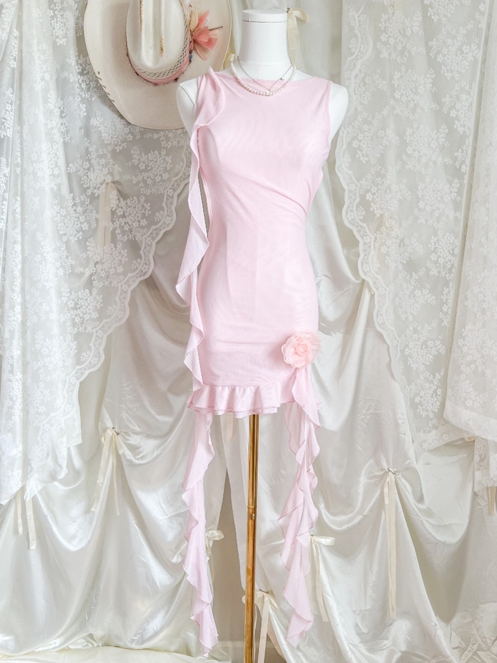 Ballet Pink Fairycore Handkerchief Ruffle Dress Coquette Mesh Mini